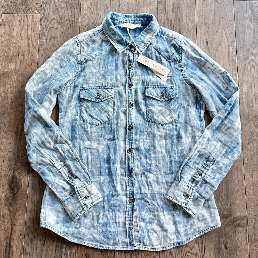 Lovestitch Bleached Blue Plaid Button Up Shirt NWT Size S Cotton Western Casual - Picture 3 of 9